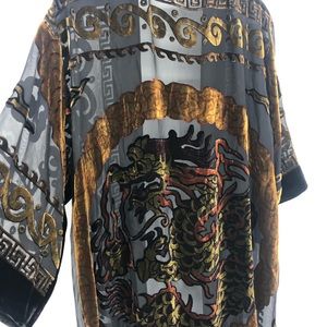 Sheer black robe kimono with velour dragon L